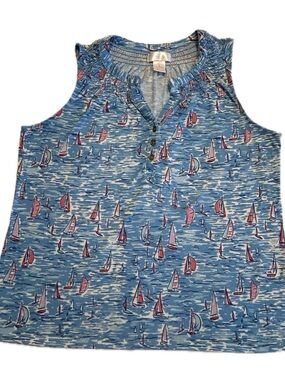 Stella Parker Sleeveless ‘Capri Seaside’ Blue Nautical Sailboat Henley Top GUC L